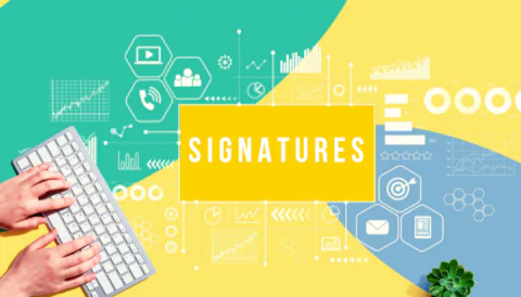A top view of hands on a keyword, the word "signatures" and statistical iconography