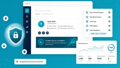 A graphic user interface mockup of a secure email signature management software. It displays a sample corporate email signature alongside security checklist items like End-to-End Encryption and GDPR compliance, a "Security Overview" data dashboard, and a large glowing shield icon with a padlock.