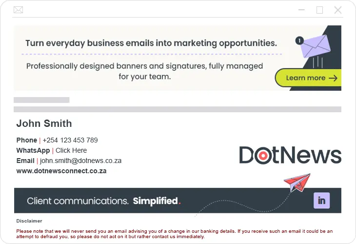 An example of DotNews' professional email signature with branded email signature marketing banners